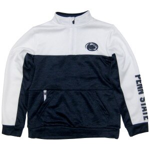 white and navy heather youth 1/4 zip sweatshirt with Penn State and Athletic Logo